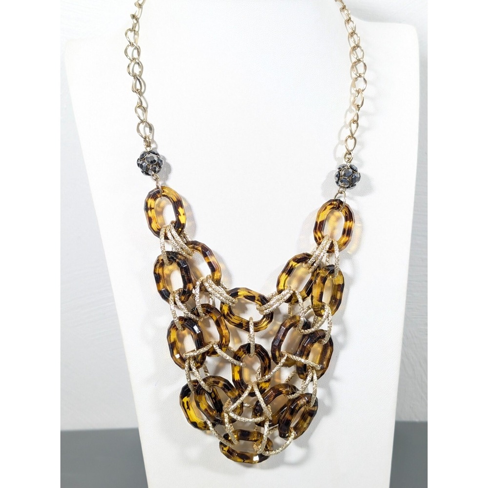 NYC Tortoise Acrylic Chain Link Mesh Woven Statement Necklace 21" Gray Crystal